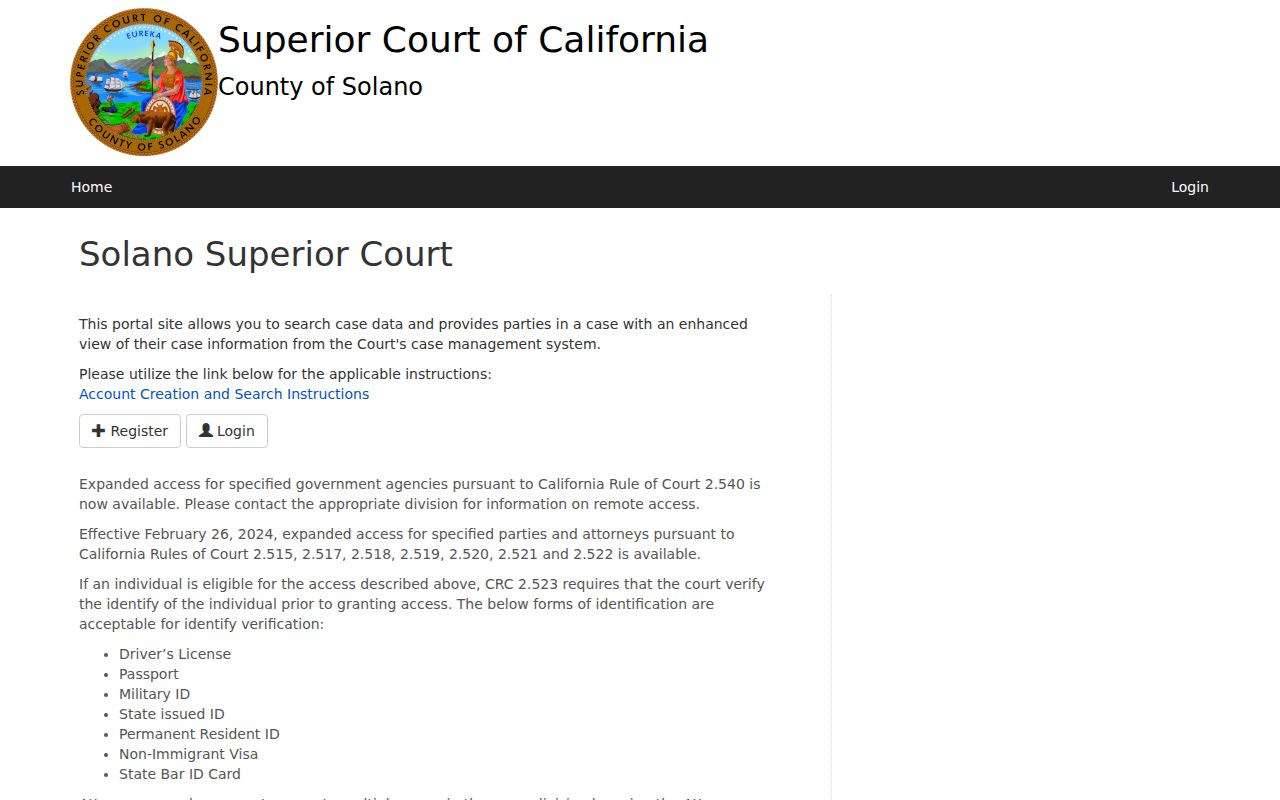 Suisun City residents directory view of the Solano Superior Court portal
