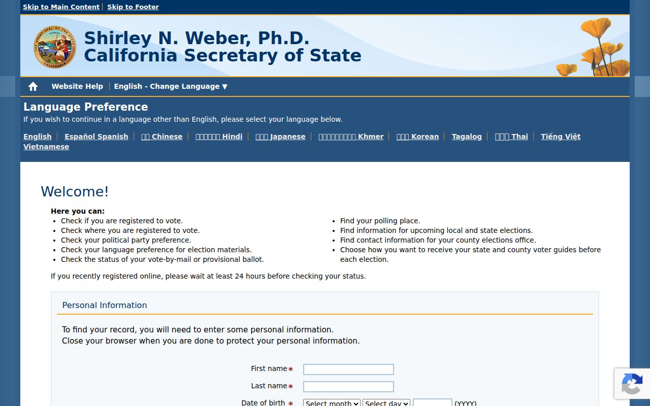 Suisun City residents directory view of the California voter status form